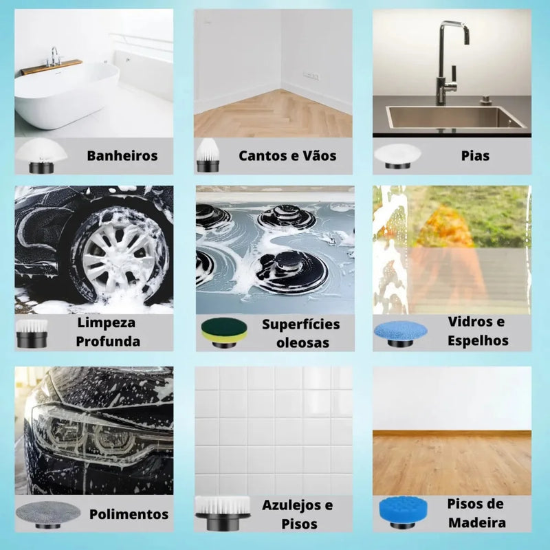 Escova Elétrica de Limpeza 9 em 1 Recarregável – Sem Fio, 360° Giratória, Multiuso