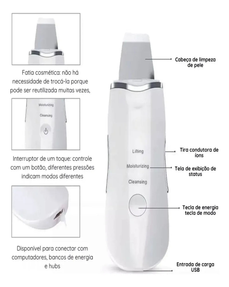 Espátula Ultrassônica de Limpeza Facial – Peeling, Removedor de Cravos e Massageador Facial