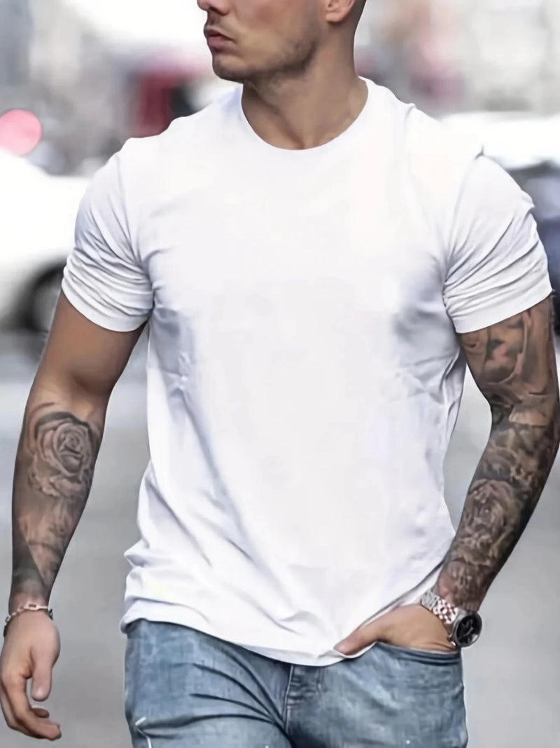 Camiseta masculina casual ajuste em torno do pescoço manga curta