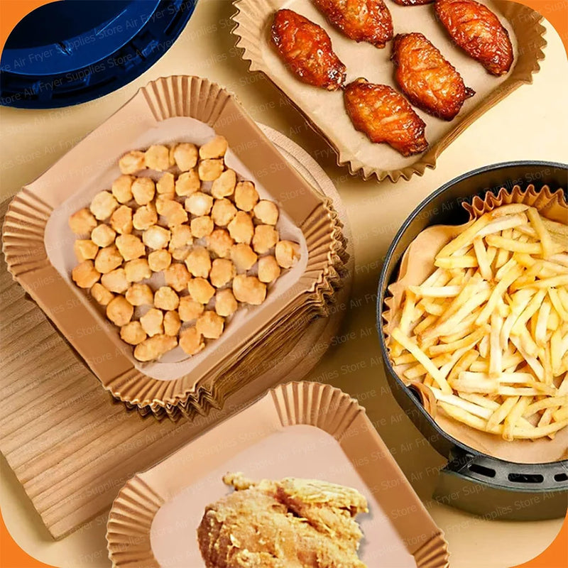 Papel Antiaderente Quadrado para Air Fryer – Praticidade, Limpeza e Cozimento Perfeito