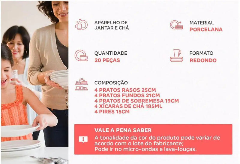 Aparelho de Jantar e Chá 20 Peças Tramontina – Porcelana Branca Redonda Silvia