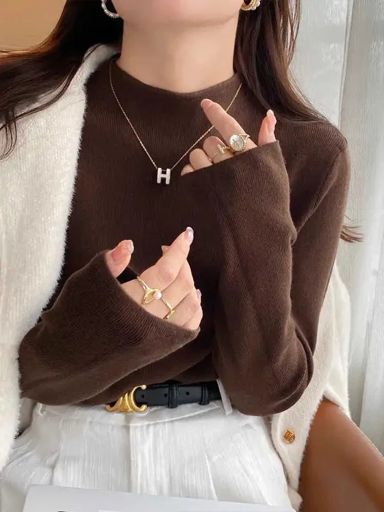 Gola alta estilo coreano para outono ou inverno manga longa