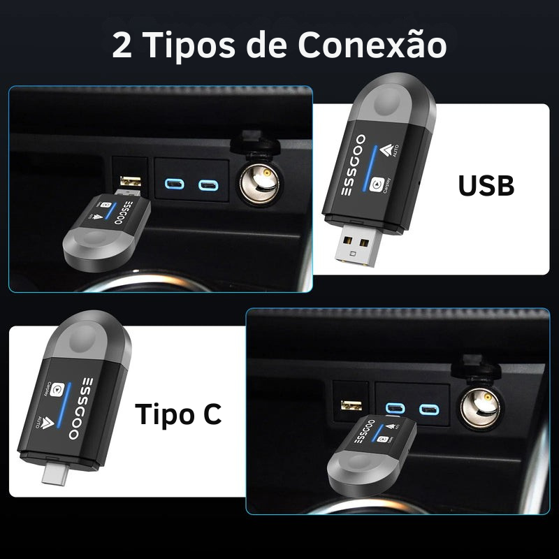 Adaptador Sem Fio CarPlay Android Auto WiFi Plug e Play