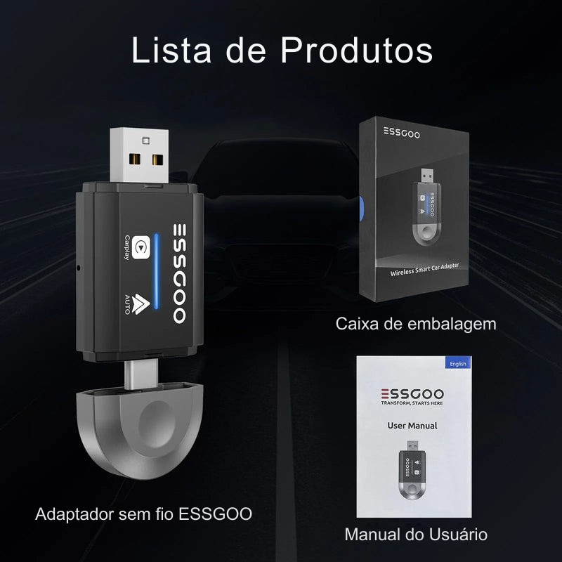 Adaptador Sem Fio CarPlay Android Auto WiFi Plug e Play