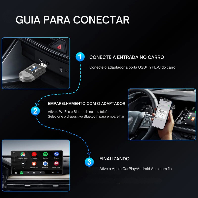Adaptador Sem Fio CarPlay Android Auto WiFi Plug e Play