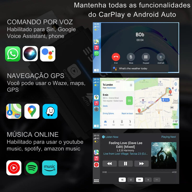 Adaptador Sem Fio CarPlay Android Auto WiFi Plug e Play