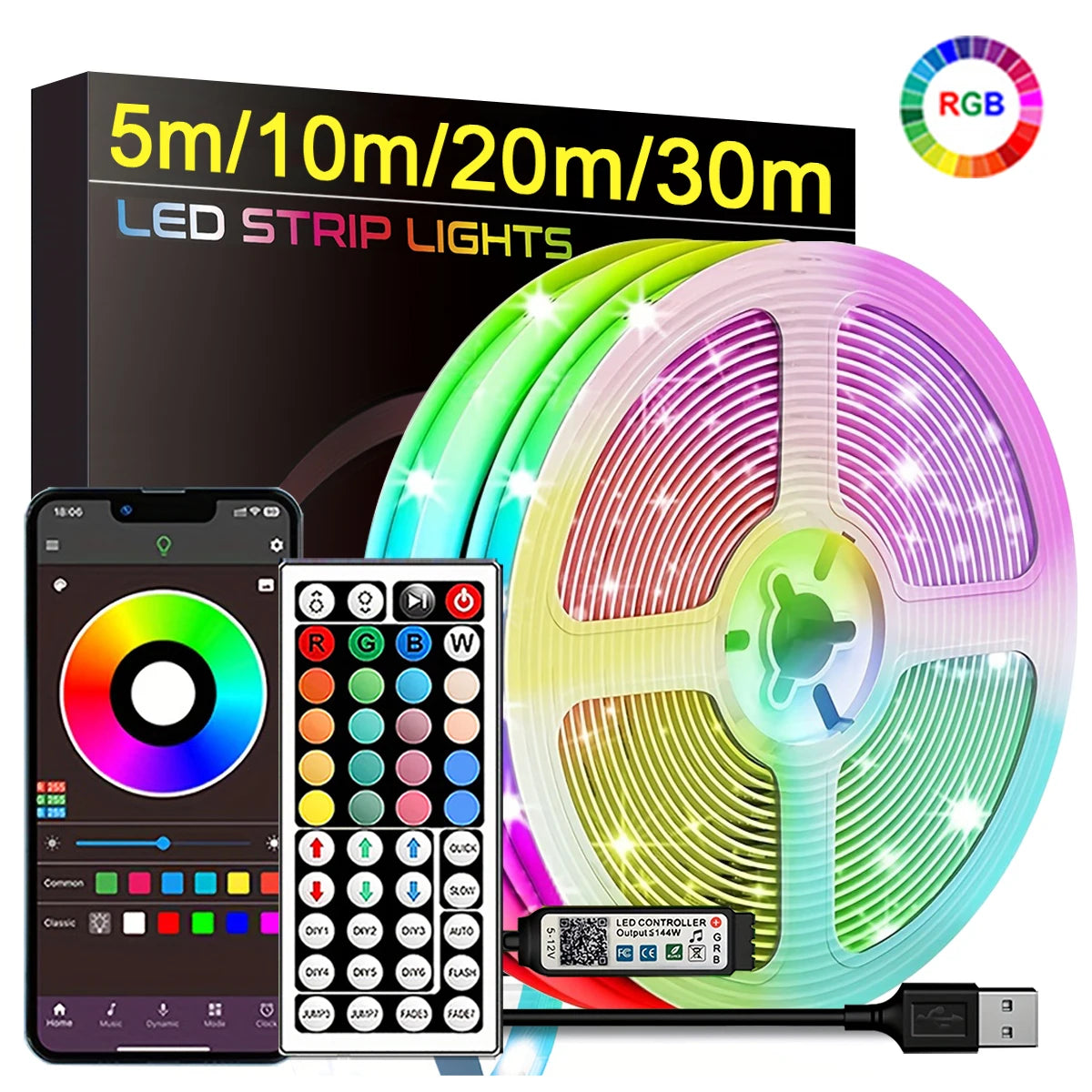 Fita LED RGB Inteligente 5–30m – Controle por App e Controle Remoto para Decoração