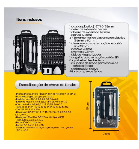 Kit Ferramentas 115 em 1 – Completo, Versátil e Preciso para Reparos
