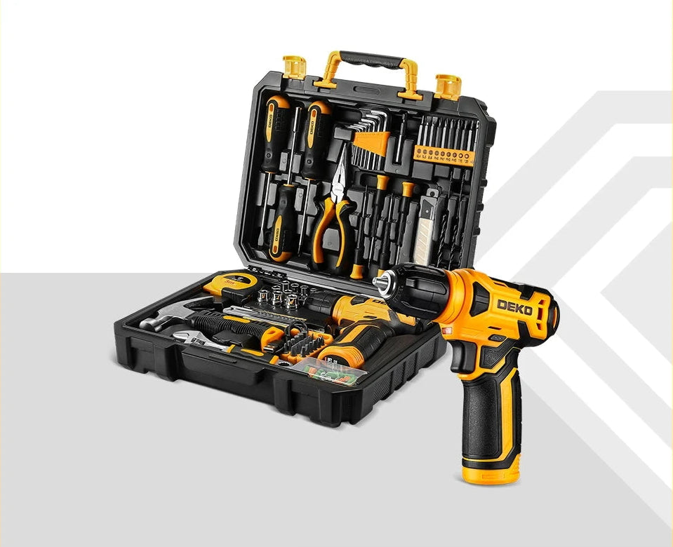 Kit de Ferramentas DEKO 126 Peças com Furadeira Sem Fio 8V para Casa e Reparos