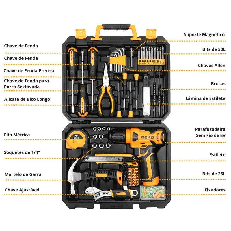 Kit de Ferramentas DEKO 126 Peças com Furadeira Sem Fio 8V para Casa e Reparos