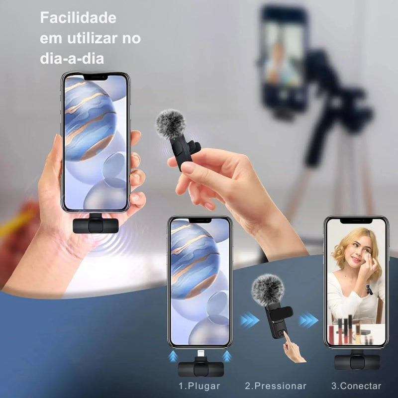 Microfone de Lapela Sem Fio – Lavalier Profissional para Celular, iPhone, Android e Gravações
