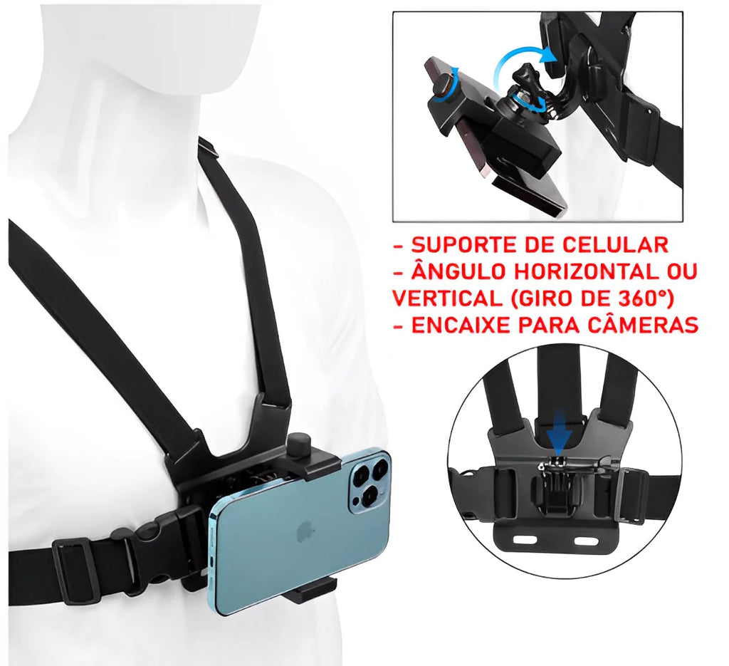 Suporte Peitoral Ajustável para Celular e GoPro para Moto e Bicicleta